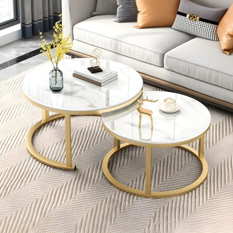 CODOMI Modern Round Nesting Coffee Table Set of 2, Stacking Living Room Accent Tables with Glass Top and Gold Finish Metal Frame End Side Cocktail Tea Center Table