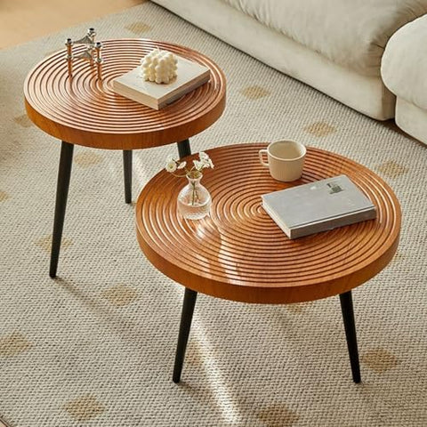 CODOMI Mid-Century Rounded Plywood Coffee Table Vintage Wood End Table, Metal Legs Coffee Cocktail Table Modern Tea Table for Living Room Patio Study