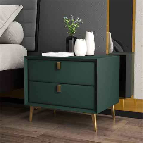 CODOMI Side Table, Nordic End Table with 2 Drawers Modern Leather Nightstand Mid Century Bed Side Table Wood Accent Table for Bedroom Living Room Cabinet Storage