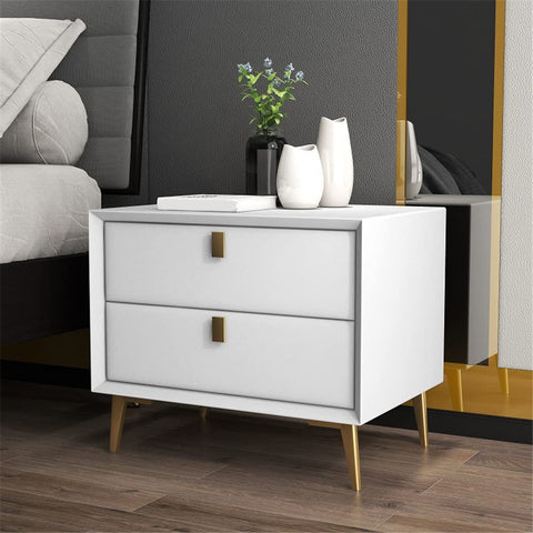 CODOMI Side Table, Nordic End Table with 2 Drawers Modern Leather Nightstand Mid Century Bed Side Table Wood Accent Table for Bedroom Living Room Cabinet Storage