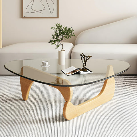 CODOMI Mid-Century Triangle Glass Coffee Table Vintage Glass End Table, Wood Base and Triangle Clear Glass Top Modern Tea Table for Living Room Patio Study